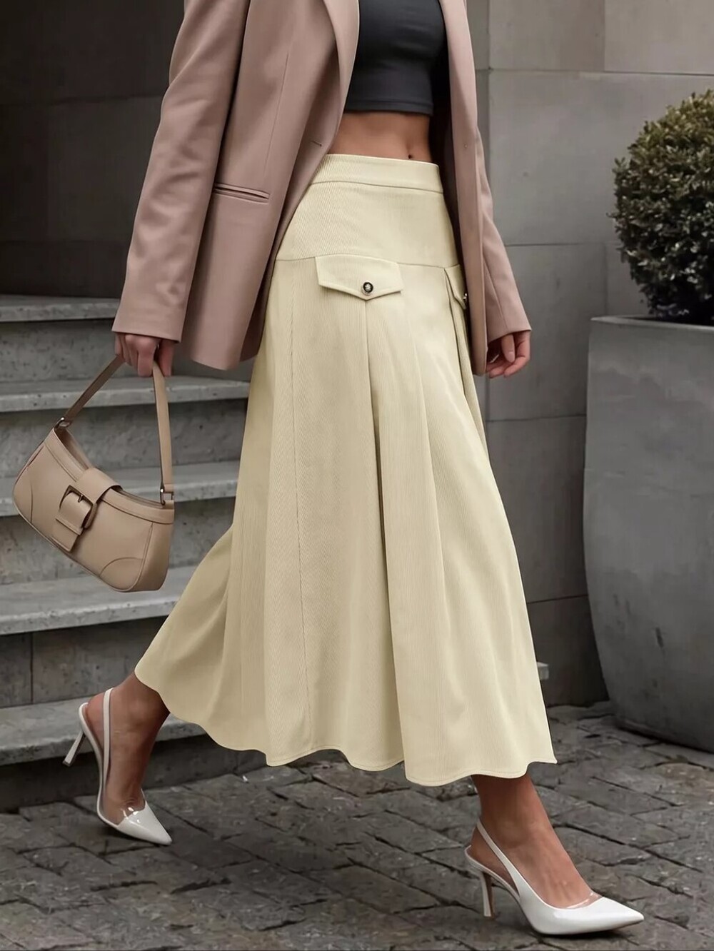 High Waist Pleated Midi Skirt - Picture 1 of 13
